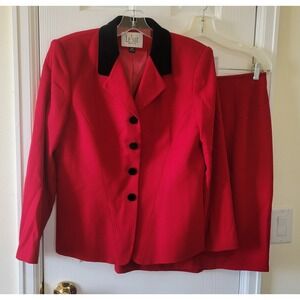 Le Suit Skirt Suit Sz 10P Red Black Velvet Trim Wool Longsleeve Business Formal